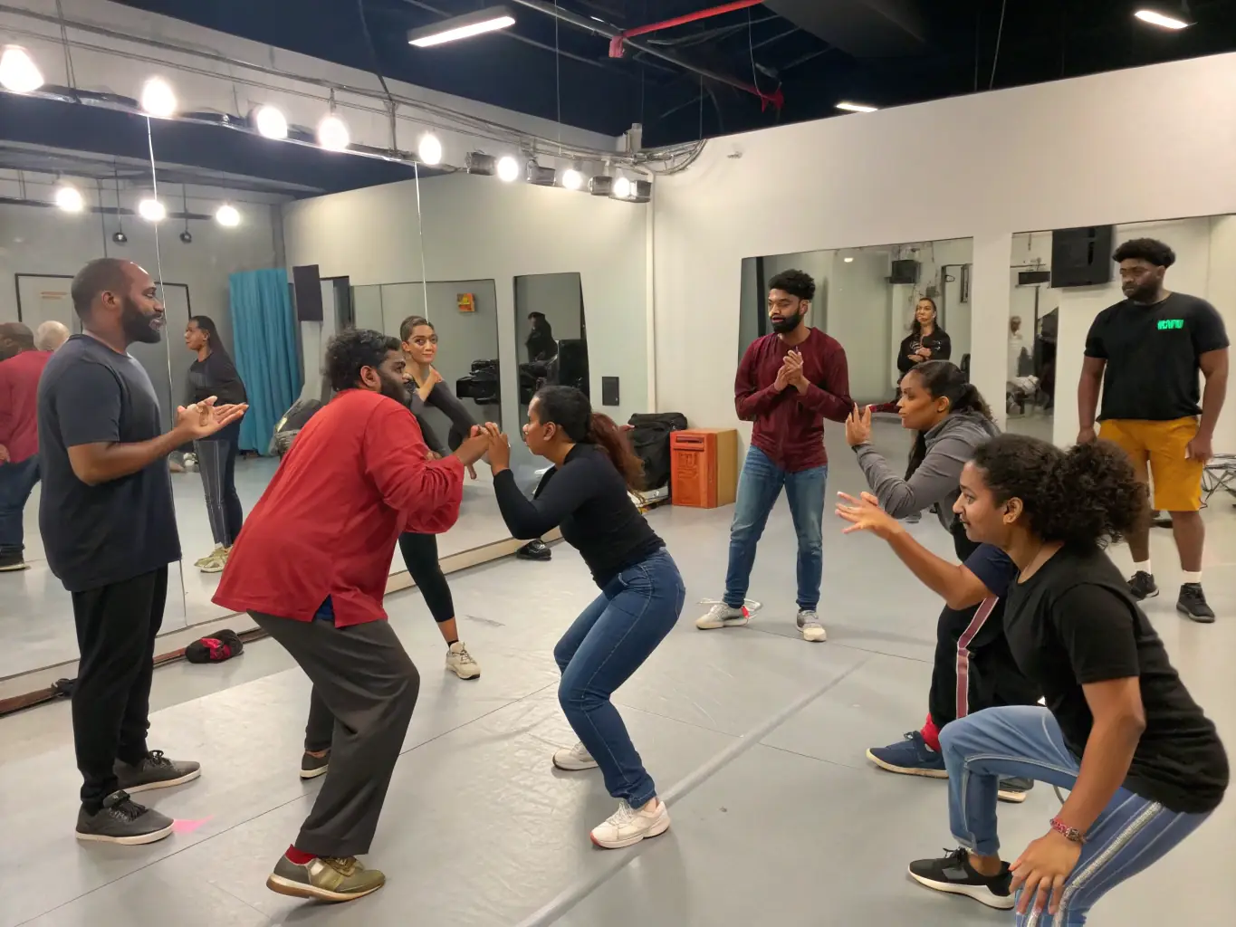 A group of participants actively engaged in a theater workshop, learning acting techniques and creative expression from experienced instructors at ILLICO PRESTO COMPAGNIE.