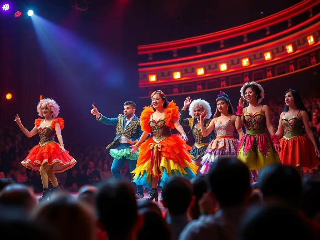 A vibrant stage scene with actors in colorful costumes performing a theatrical play, showcasing the energy and artistry of ILLICO PRESTO COMPAGNIE's live performances.