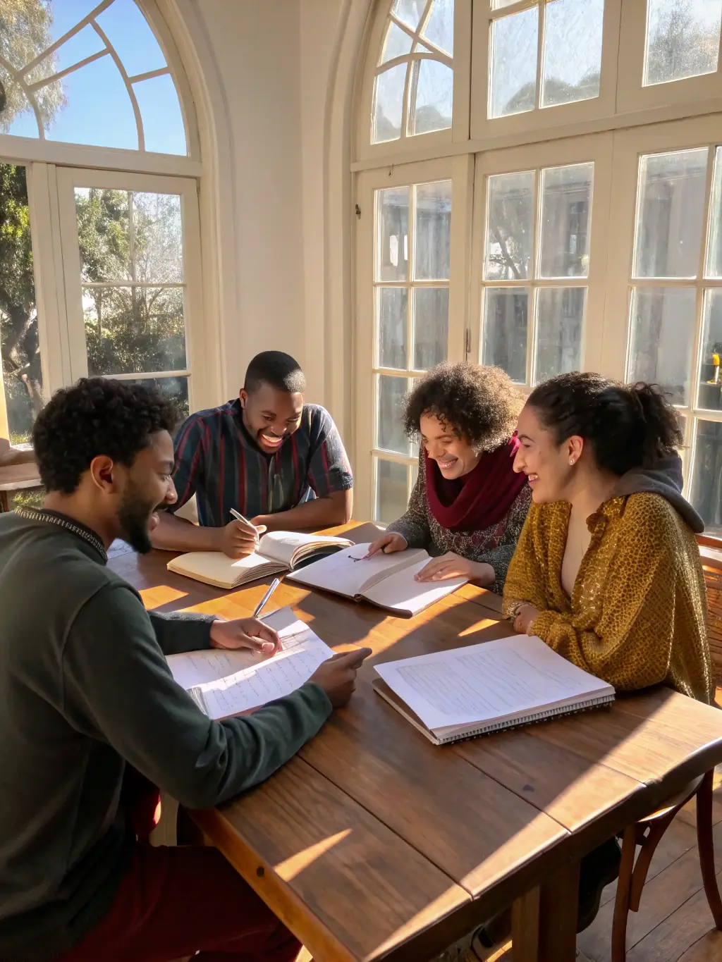 A diverse group of participants in a collaborative theater project, brainstorming ideas and rehearsing scenes, showcasing the inclusive nature of IPC's programs.